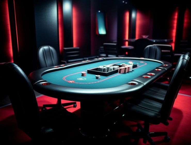 Dealer live casino sedang mengatur kartu pada meja dengan latar belakang pencahayaan profesional